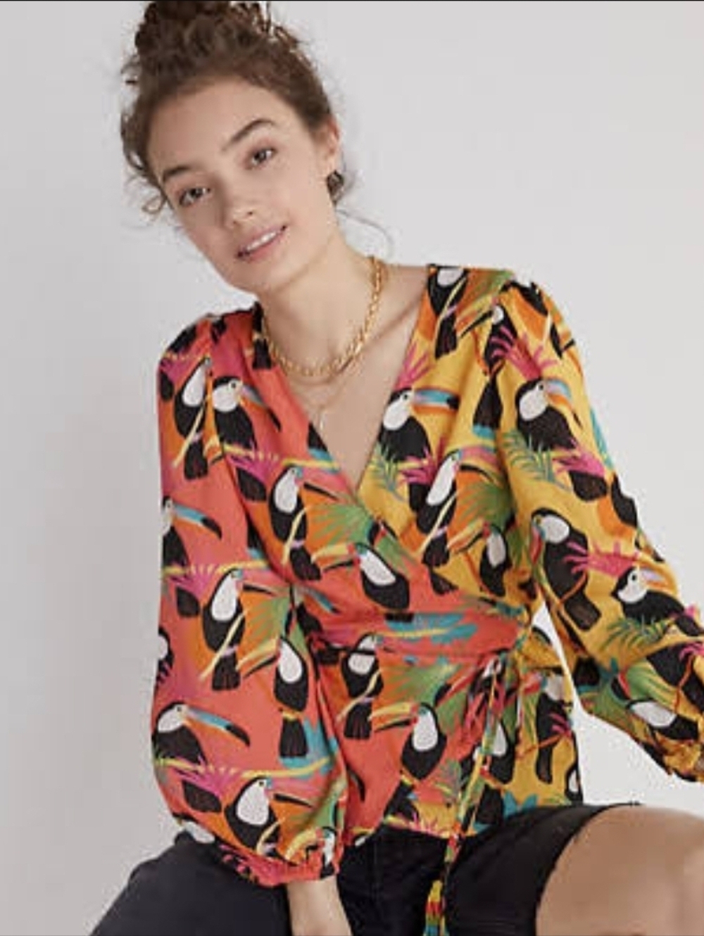 FARM Rio Multicolor Toucan Wrap Blouse - Coral, Yellow & Black Size XS